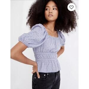 Madewell Embroidered Crop Top Sz Small Smocked Waist Purple Floral Puff Sleeve